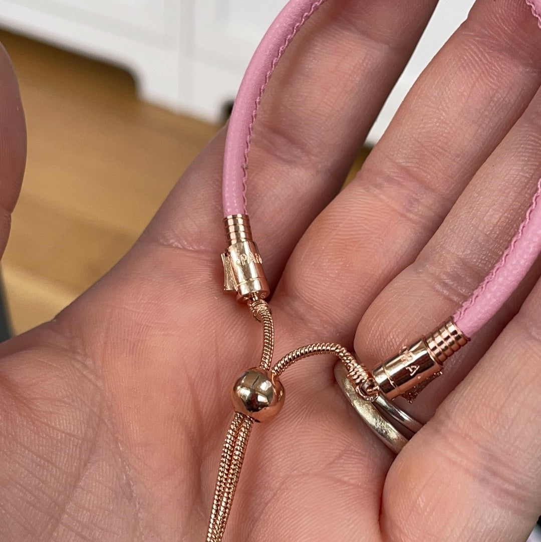 Genuine Pandora Rose Gold Black Pink Leather Slider Bracelet