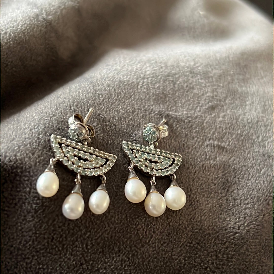Sterling Silver Pave Abstract Pearl Dangle Earrings
