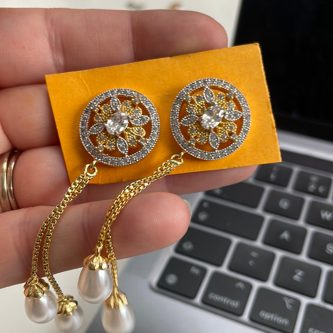 Brand New Gold Tone Statement Earrings With Dangle Pearls. Very Sparkly!