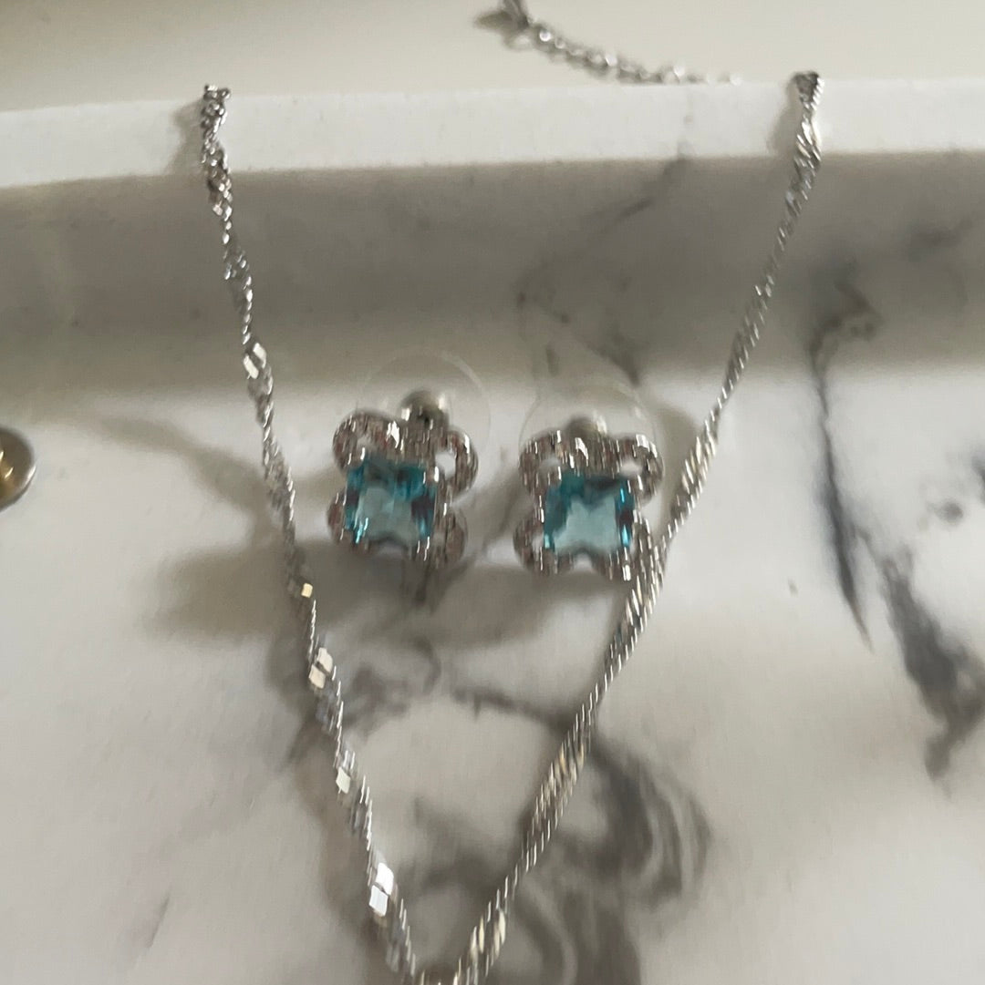Brand New Set of Earrings and Necklace With Flower Pale Blue Stone Pave
