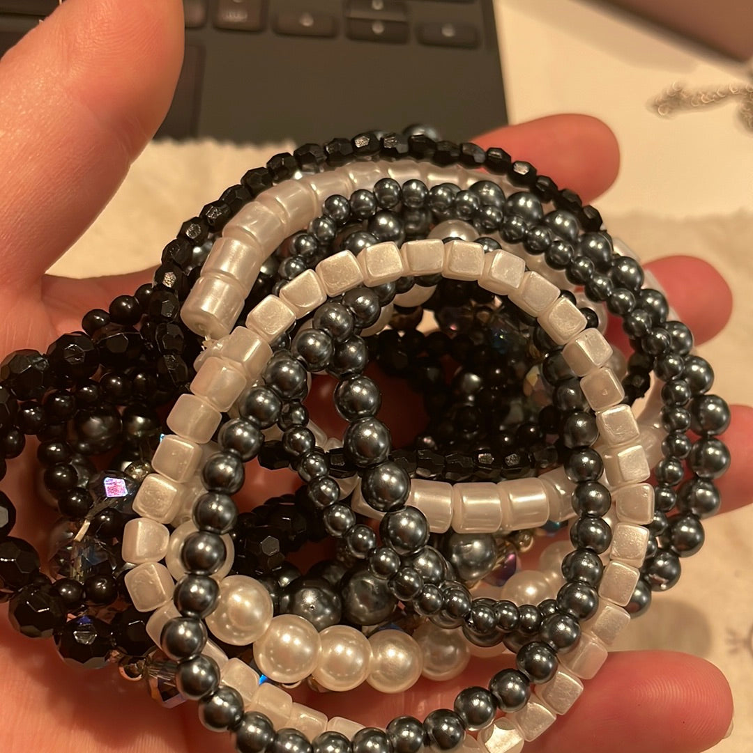Stack of Silver, Black, Grey and Pearl Beads Bracelets x14