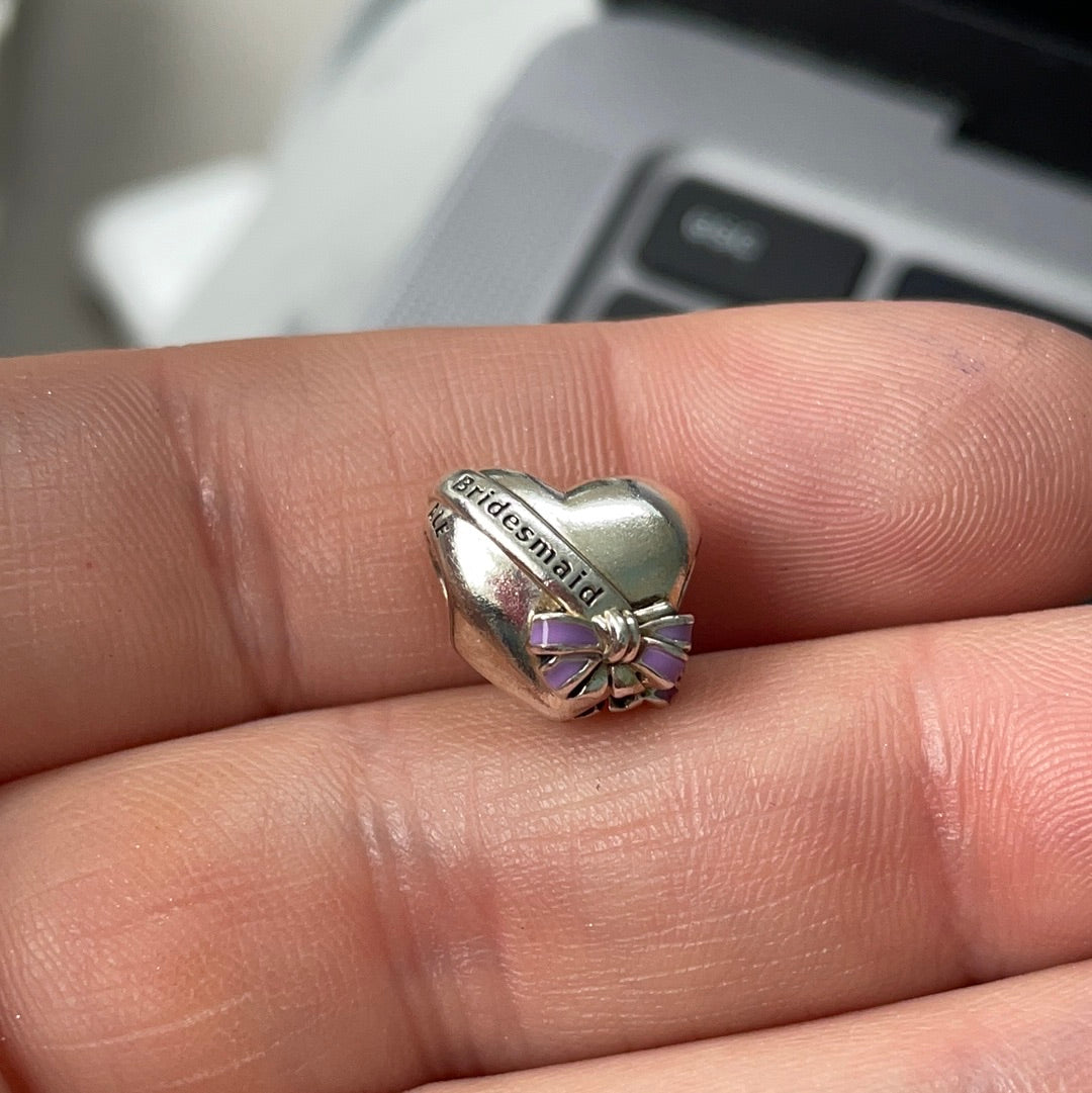Genuine Pandora Purple Enamel 'Bridesmaid' Bow Heart Charm