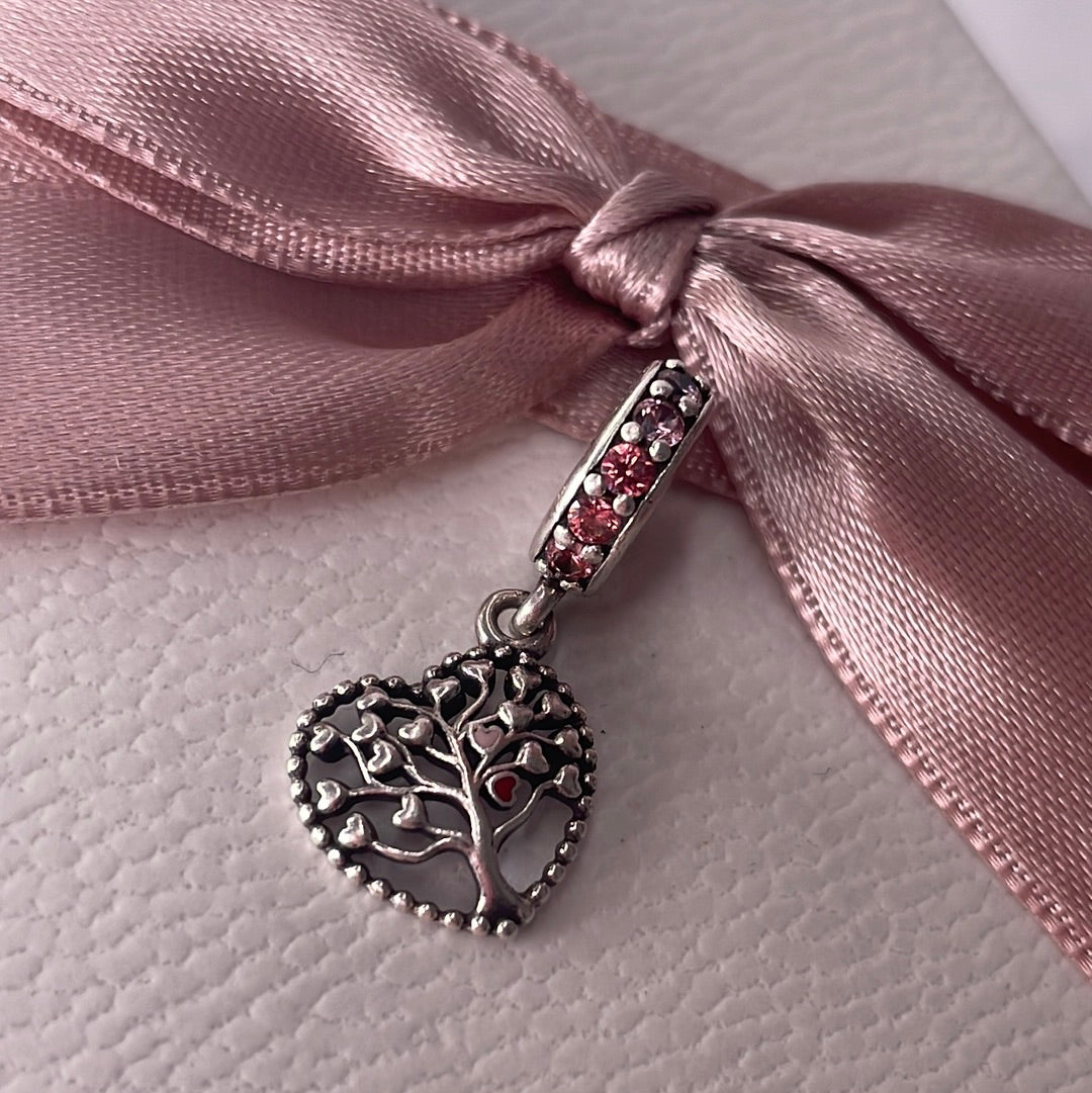 Genuine Pandora Pink Enamel Family Tree Dangle With CZ Dangle Charm (Choice of Rose Gold)