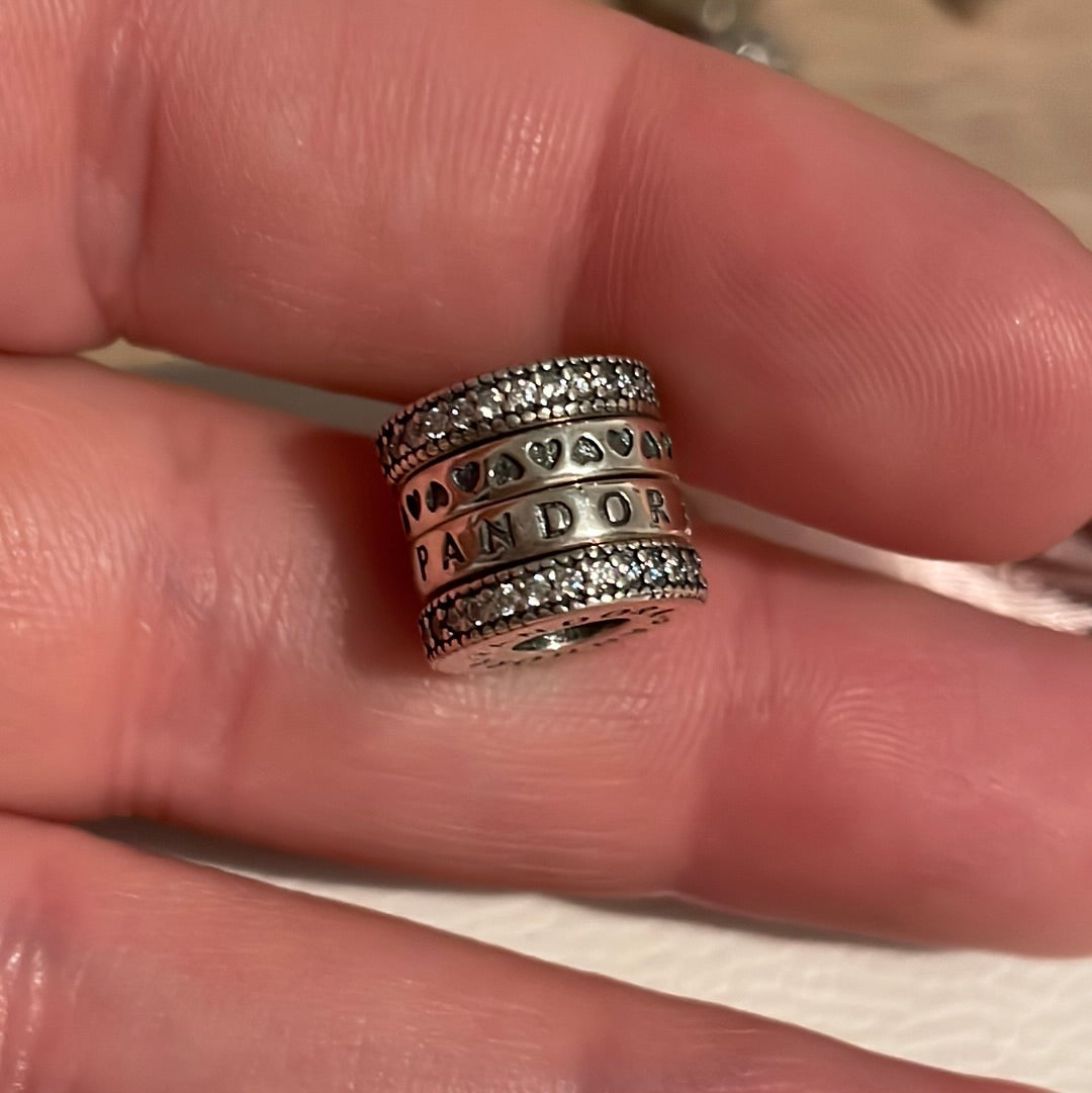 Genuine Pandora Pave Logo Hearts Spinning Charm