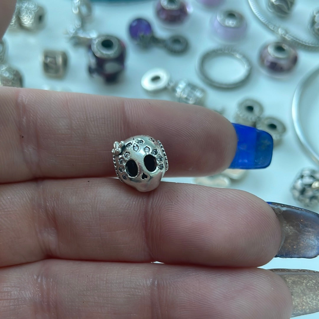 Genuine Pandora Flower Openwork Skull Charm With Pave Flowers