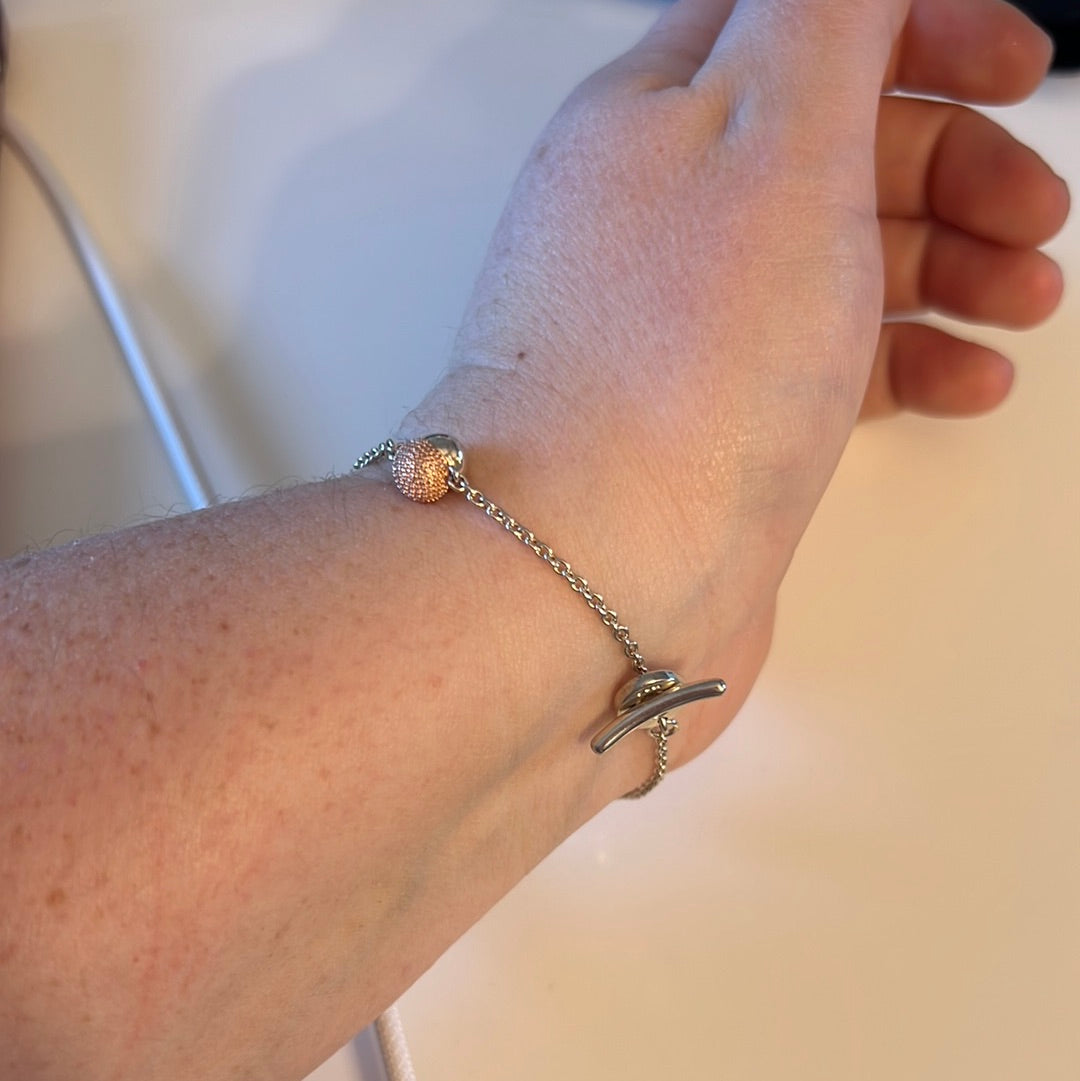 Genuine Links of London Sterling Silver T-Bar Bracelet With Half Rose Gold and Half Silver Hearts