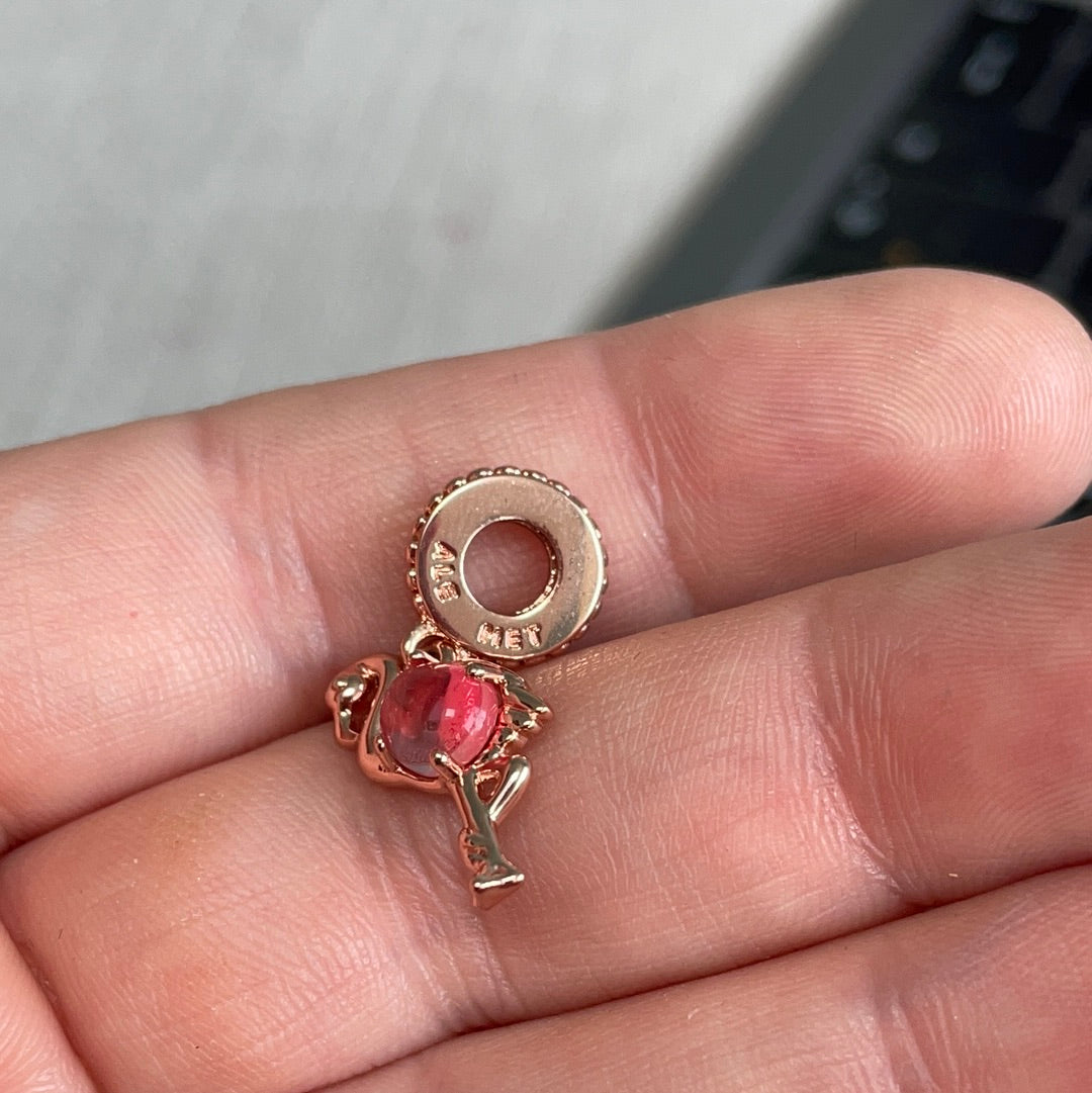 Genuine Pandora Rose Gold Summer Enamel Dangle Pink Stone Flamingo Charm