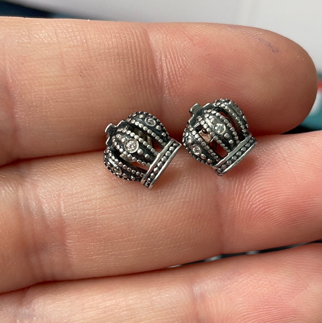 Genuine Pandora Silver Crown Pave Earrings Studs