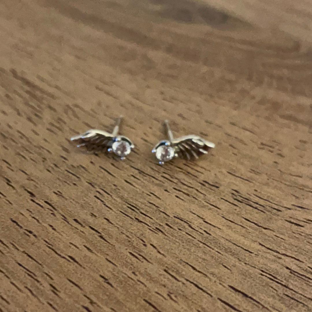 Genuine Pandora Angel Wing Feather Pave Earrings WIth Small CZ Stone studs