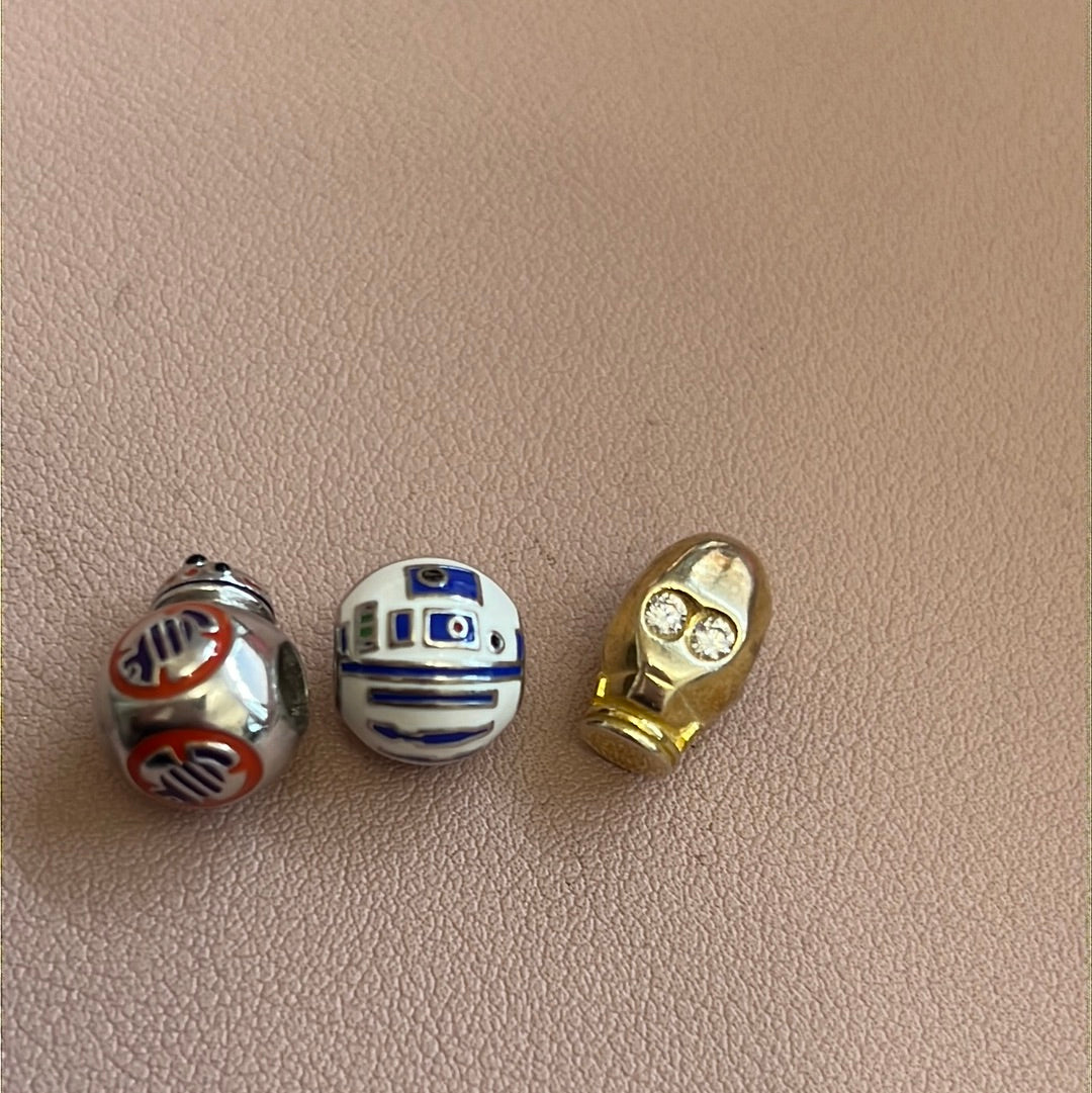 Bundle of Sterling Silver Star Wars charms R2D2, CP30 and BB8