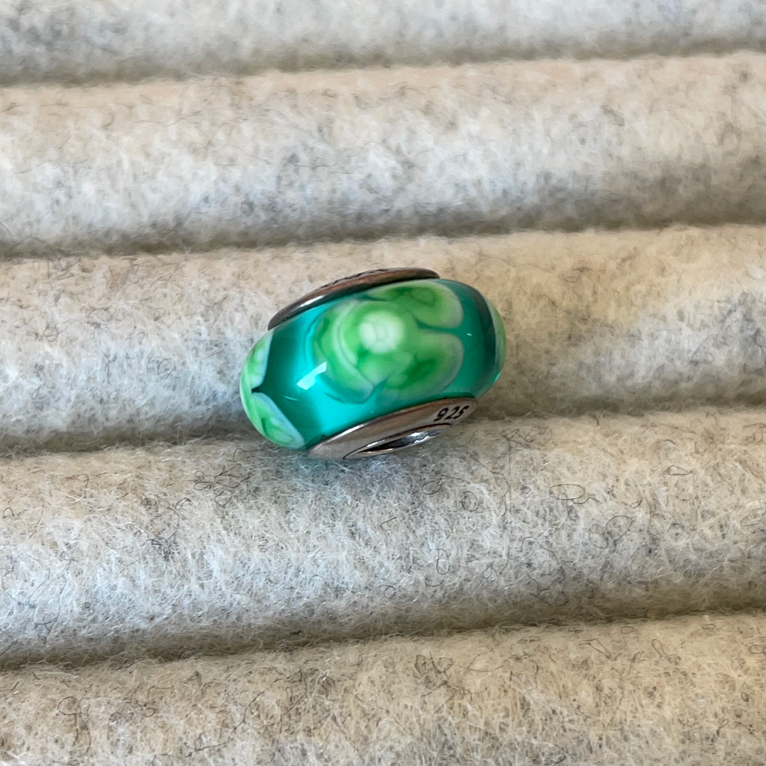 Genuine Pandora Green and Light Pale Green Flowers Murano Glass Charm