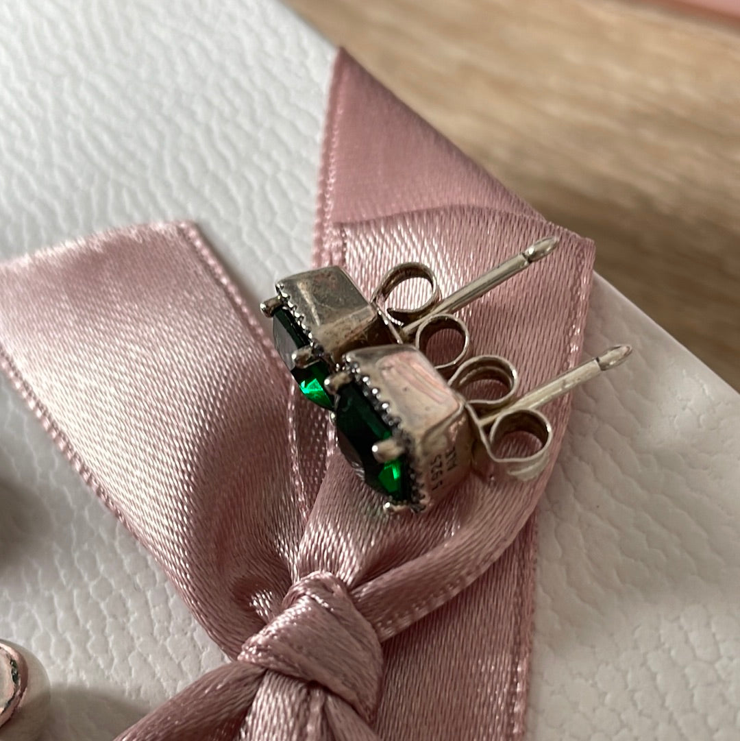 Genuine Pandora Pave Green Square Stone Sparkle Studs Earrings
