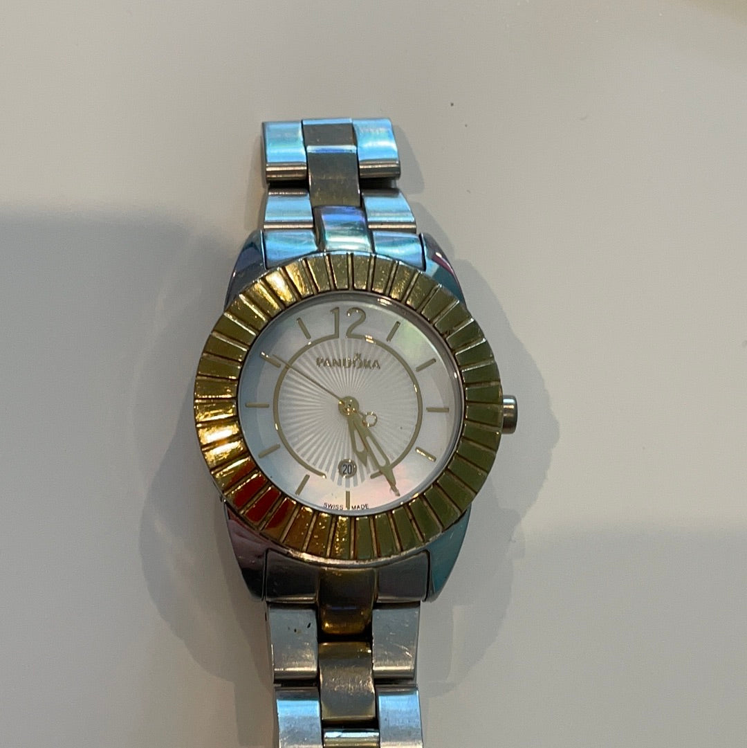 Genuine Pandora Grand C Black Diamond Large Watch Two Tone Gold Plated Bezel