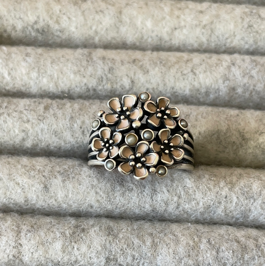 Genuine Pandora Cherry Blossom Ring With Pearls HTF RARE Size 56