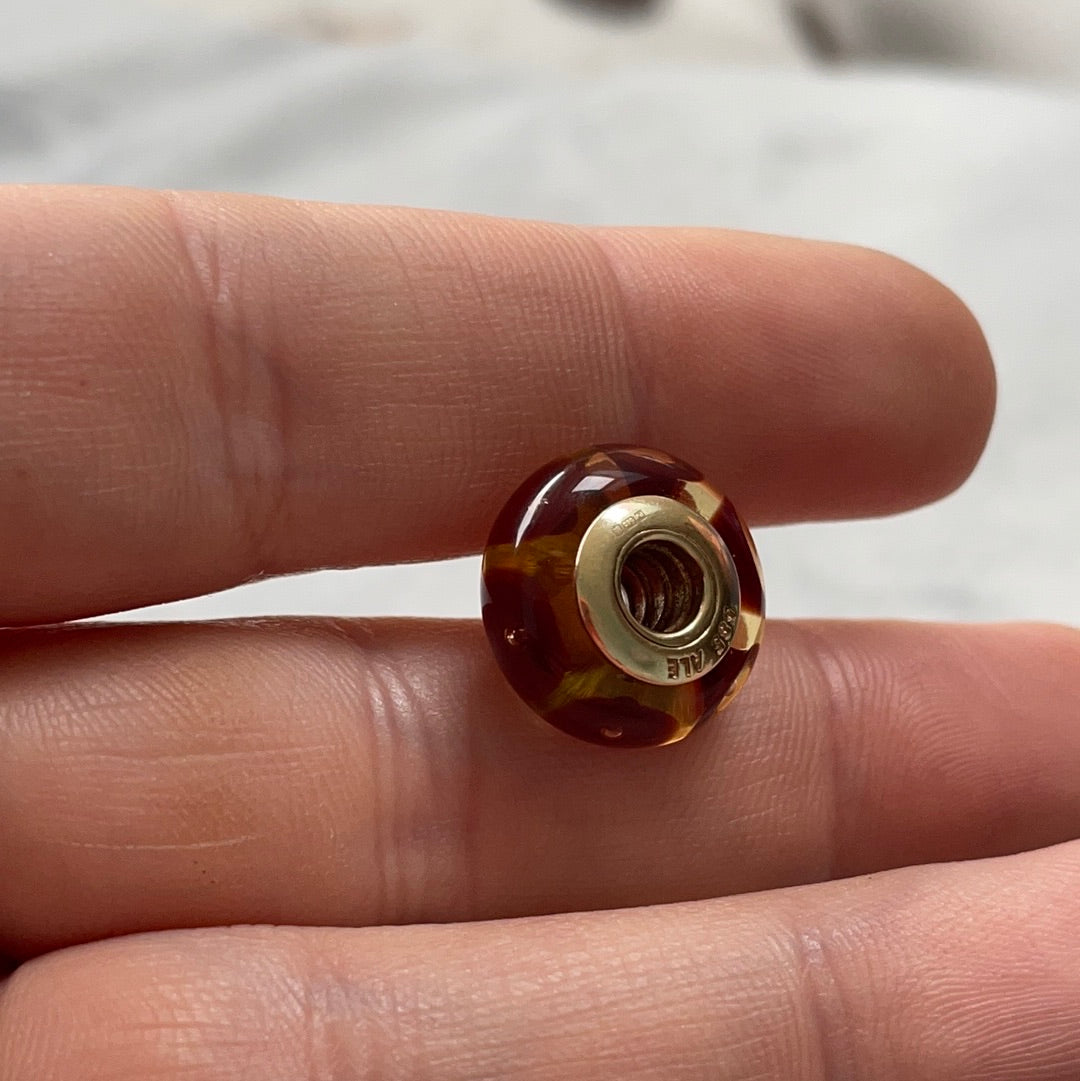 Genuine Pandora Solid 14ct Brown Dotted Gold Glass Mystic Murano Charm HTF