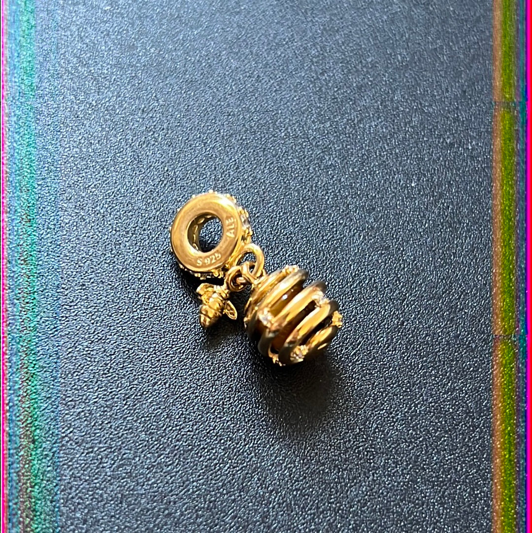 Genuine Pandora Shine Gold Sparkling Beehive Bees and Amber Stone Dangle