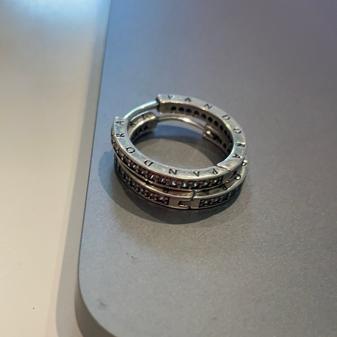 Genuine Pandora Sparkle CZ Hoop Logo Pave Silver Earrings