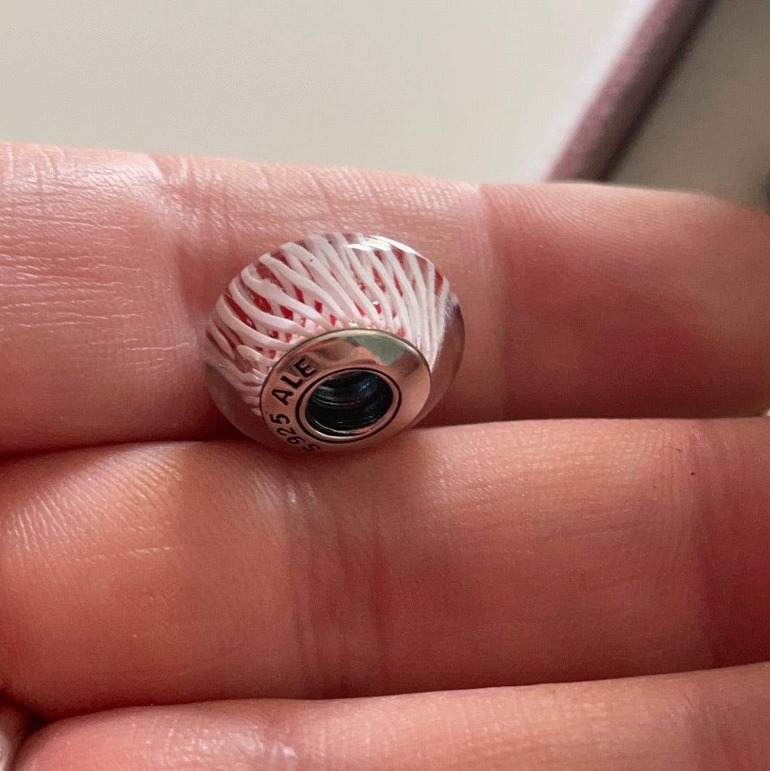 Genuine Pandora Red Sparkle Background With White String Criss Cross Stripe Murano Glass Charm