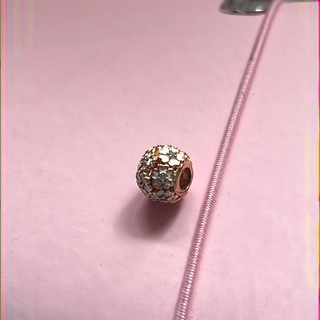 Genuine Pandora Rose Gold White Enamel Openwork Cherry Blossom Flower Charm