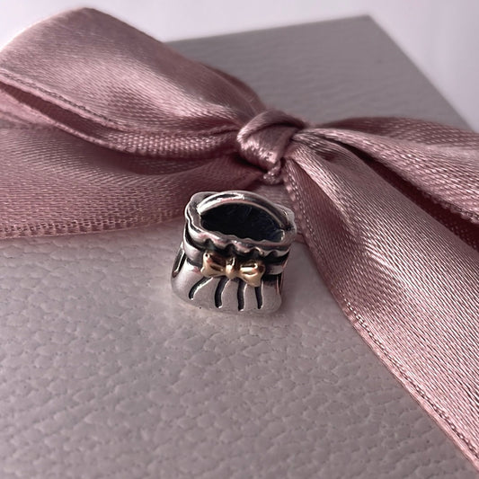 Genuine Pandora Purse Charm with Two Tone Gold Bow Retired