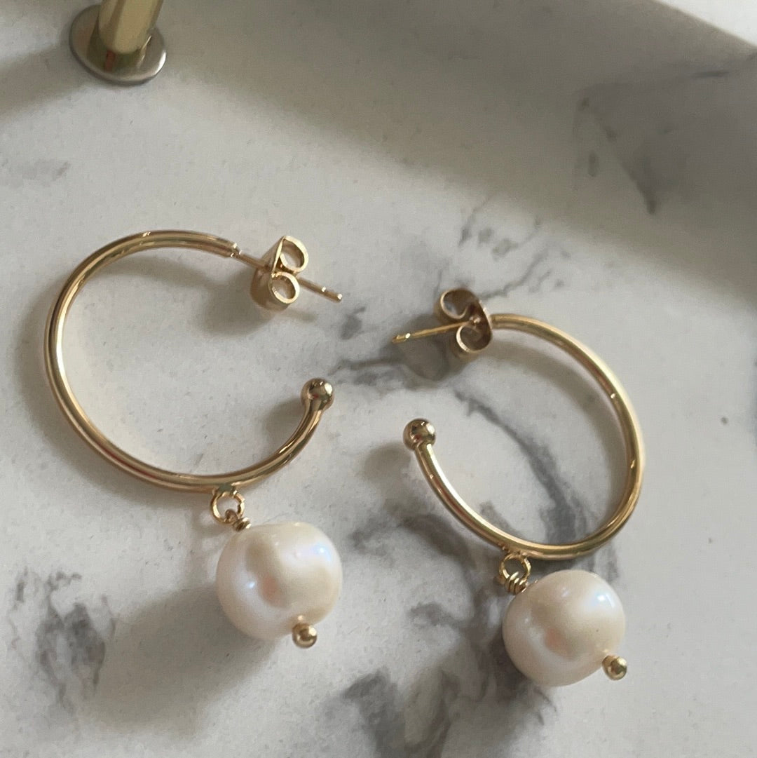Brand New 14kt Gold Plated Brass Medium Sized Hoop Earrings with Freshwater Pearl Dangle
