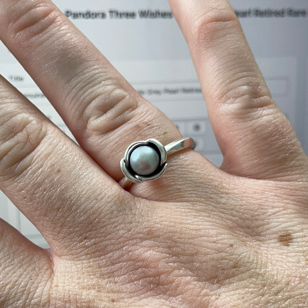 Genuine Pandora Three Wishes Single Grey Pearl Retired Rare Ring Size 57