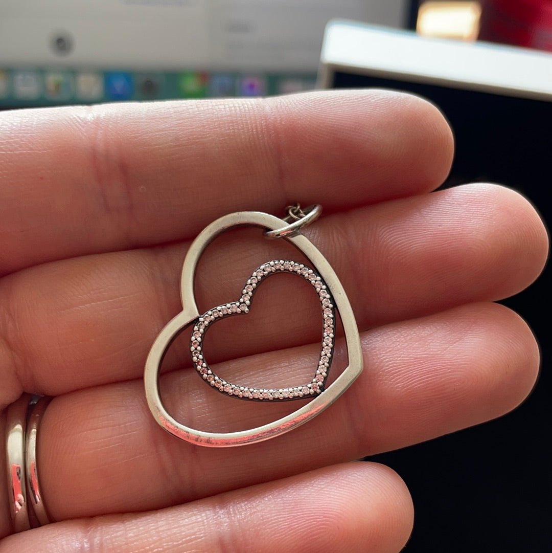 Genuine Pandora Pave Double Heart to Heart Necklace 45cm