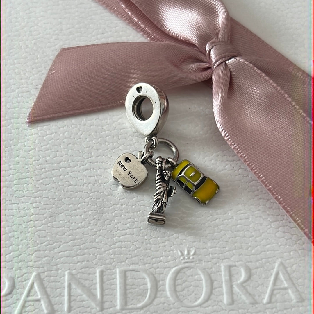 Genuine Pandora NYC America Travel Dangle Charm Apple Taxi and Statue of Liberty’