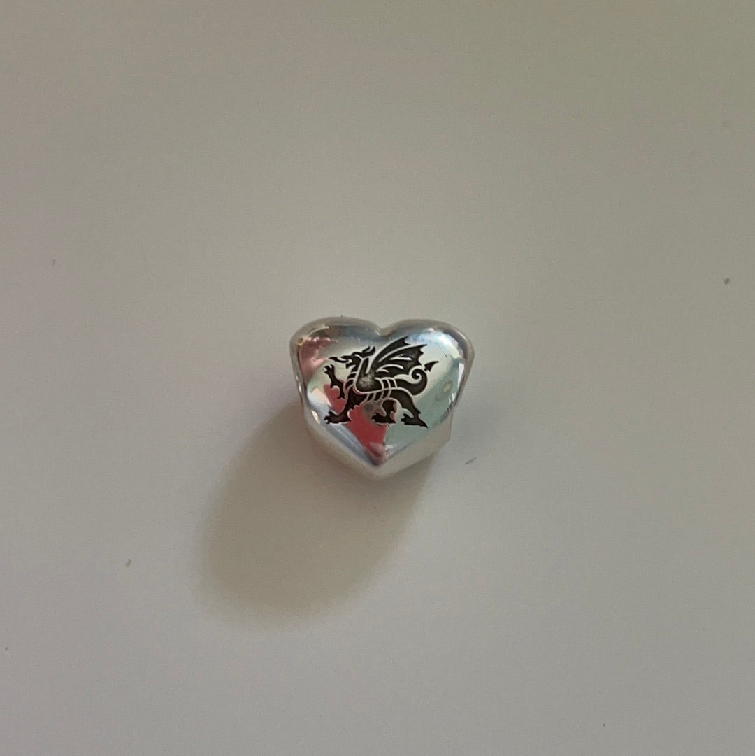 Genuine Pandora Silver Puffed Heart Charm With I Love Wales Dragon Charm