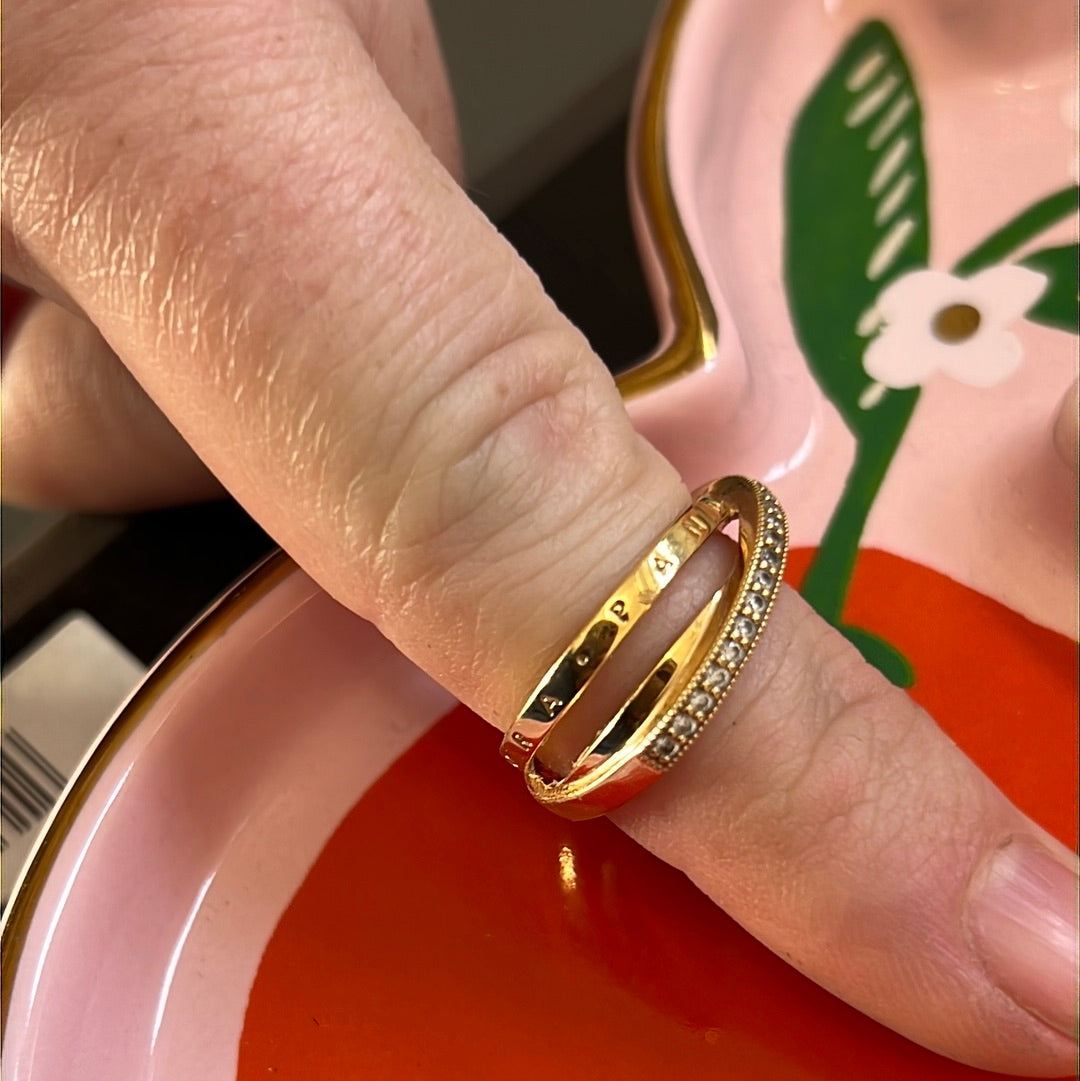 Genuine Pandora Shine Gold Crossover Pave Triple Band Logo Ring Size 52