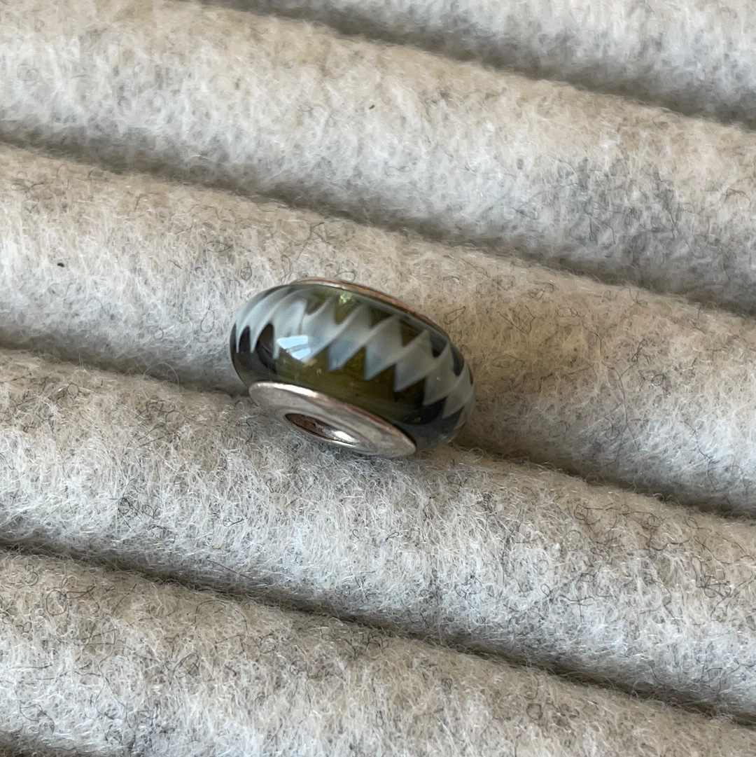 Genuine Pandora Dark Green Murano Glass Charm with White Zigzag Lines