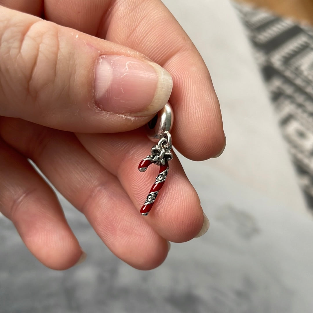 Genuine Pandora Pave Candy Cane Dangle Charm Red and Silver