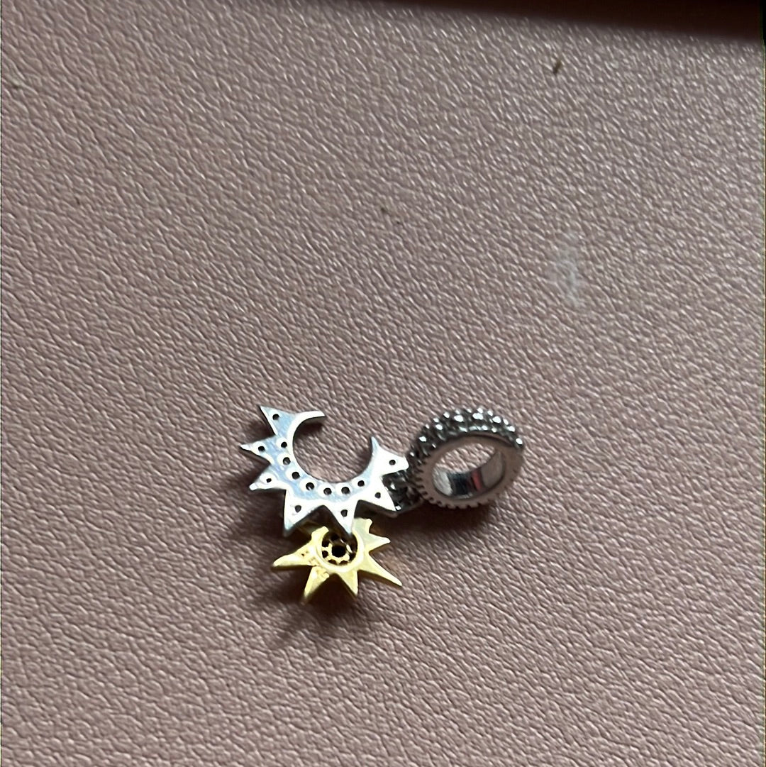 Sterling Silver Two Tone Pave Moon and Star Dangle