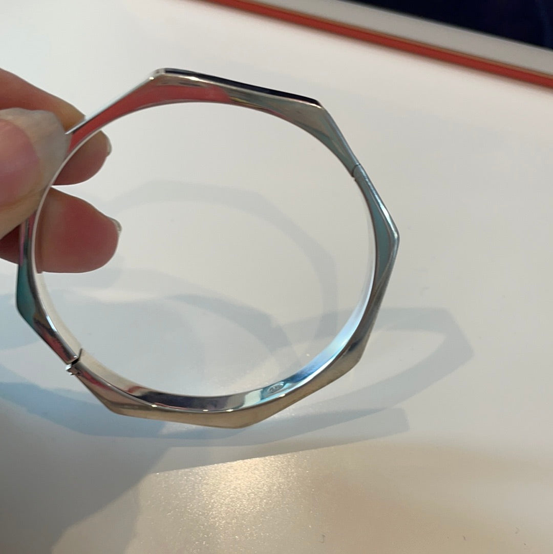 Genuine Silvery Designer Sterling Silver Hinged Octagon Bangle 18.5cm