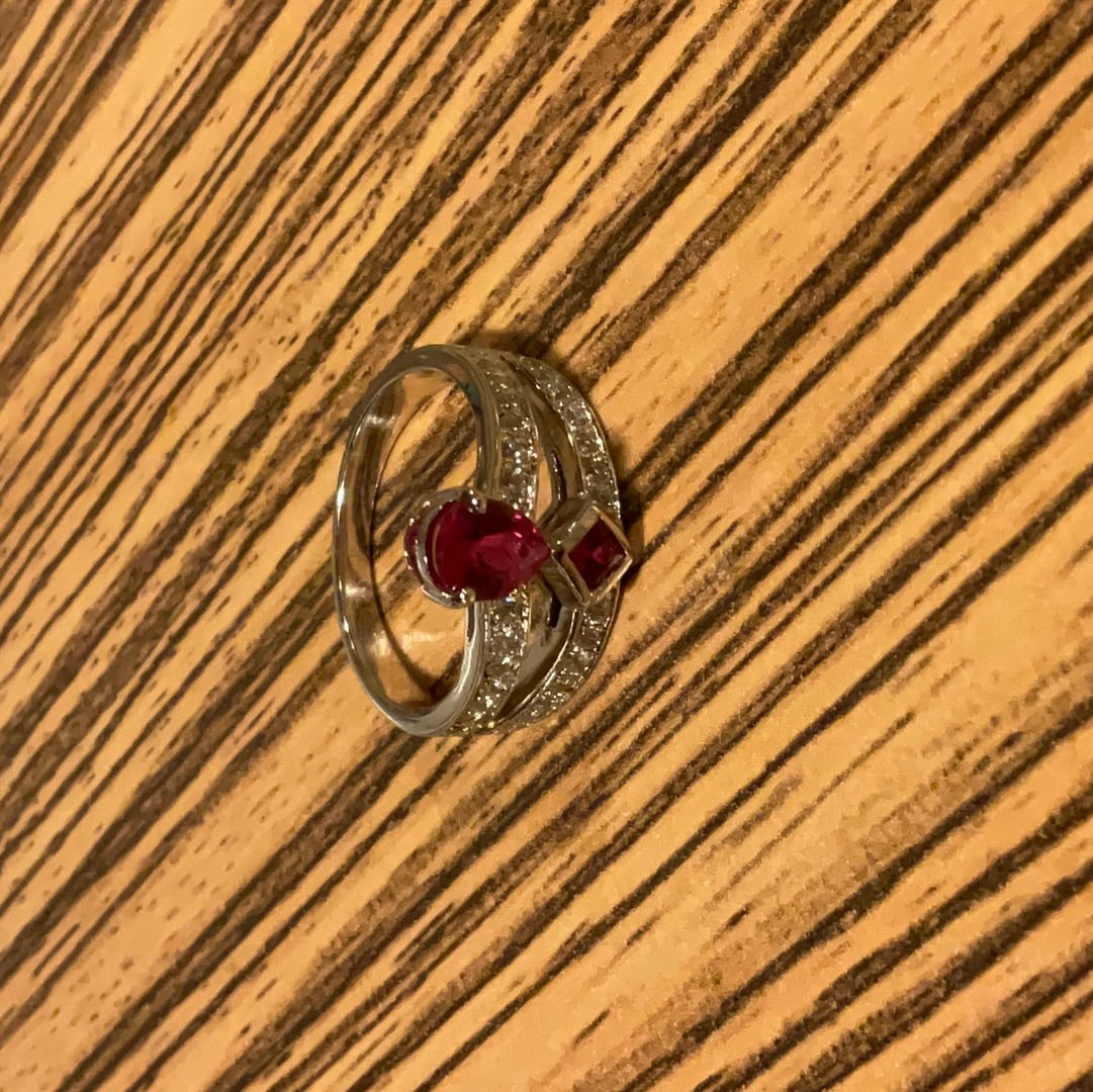 Sterling Silver pave double layered ring with pink stones size 54