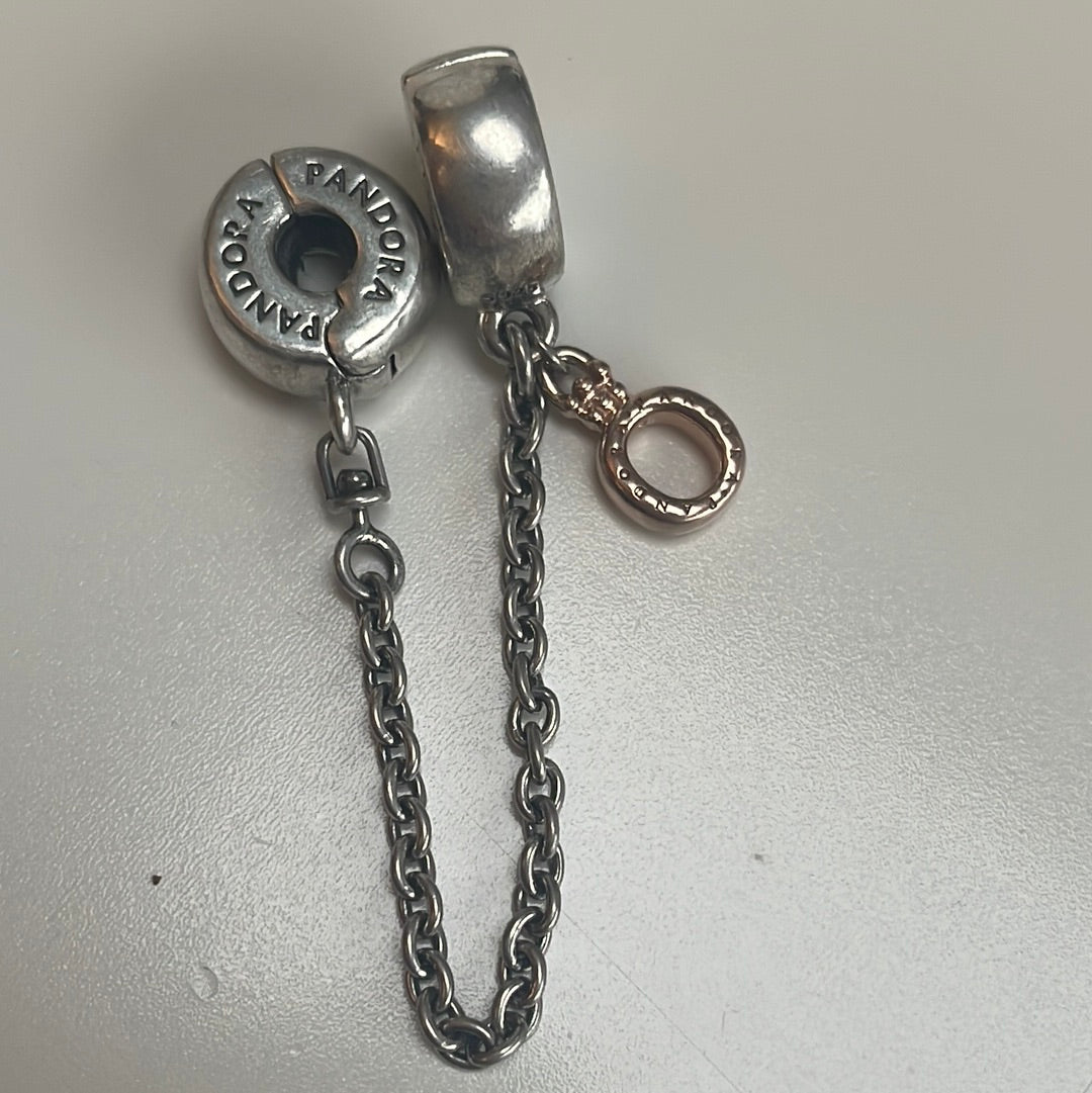 Genuine Pandora Silver Clip Safety Chain With Rose Gold Logo Dangle