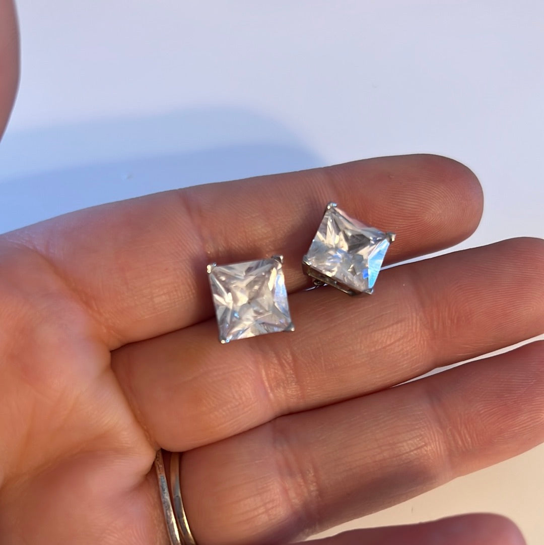 Silver Plated CZ Square Large Stud Earrings