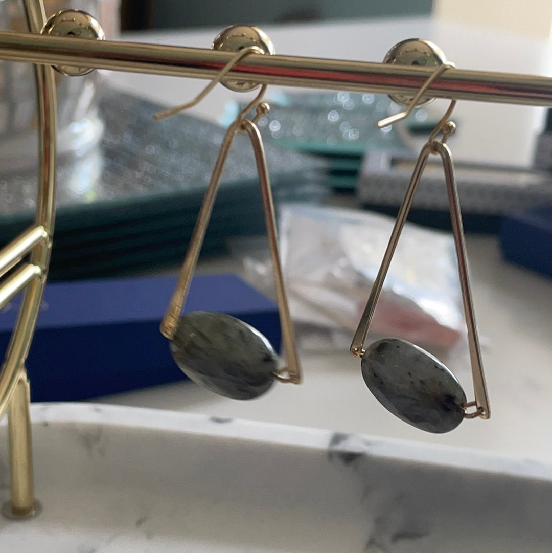 Brand New 14kt Gold Plated Brass Large Sized Hoop Earrings with Genuine Labradorite GemstoneDangle