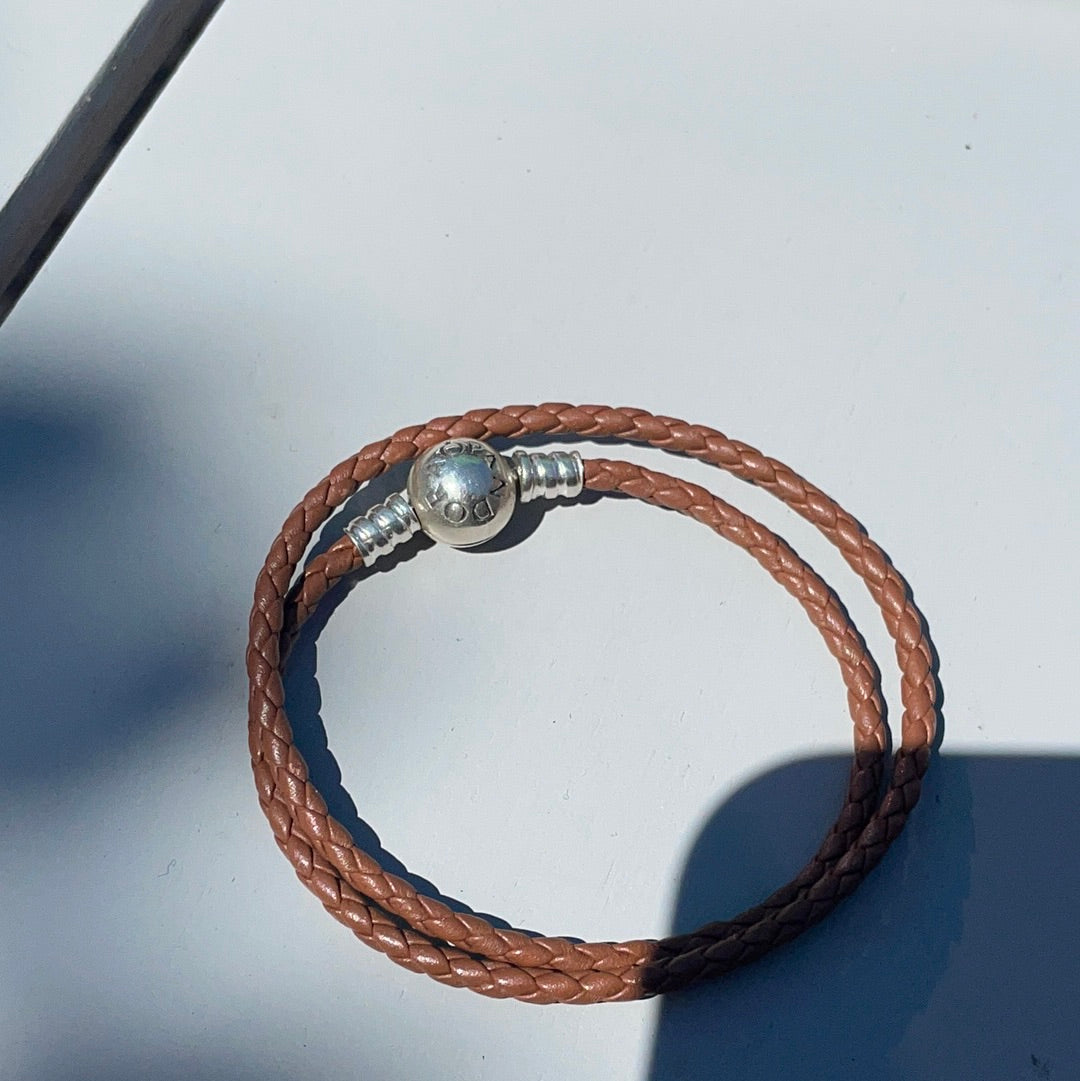 Genuine Pandora Tan Brown Double Leather Bracelet Size 20cm fit