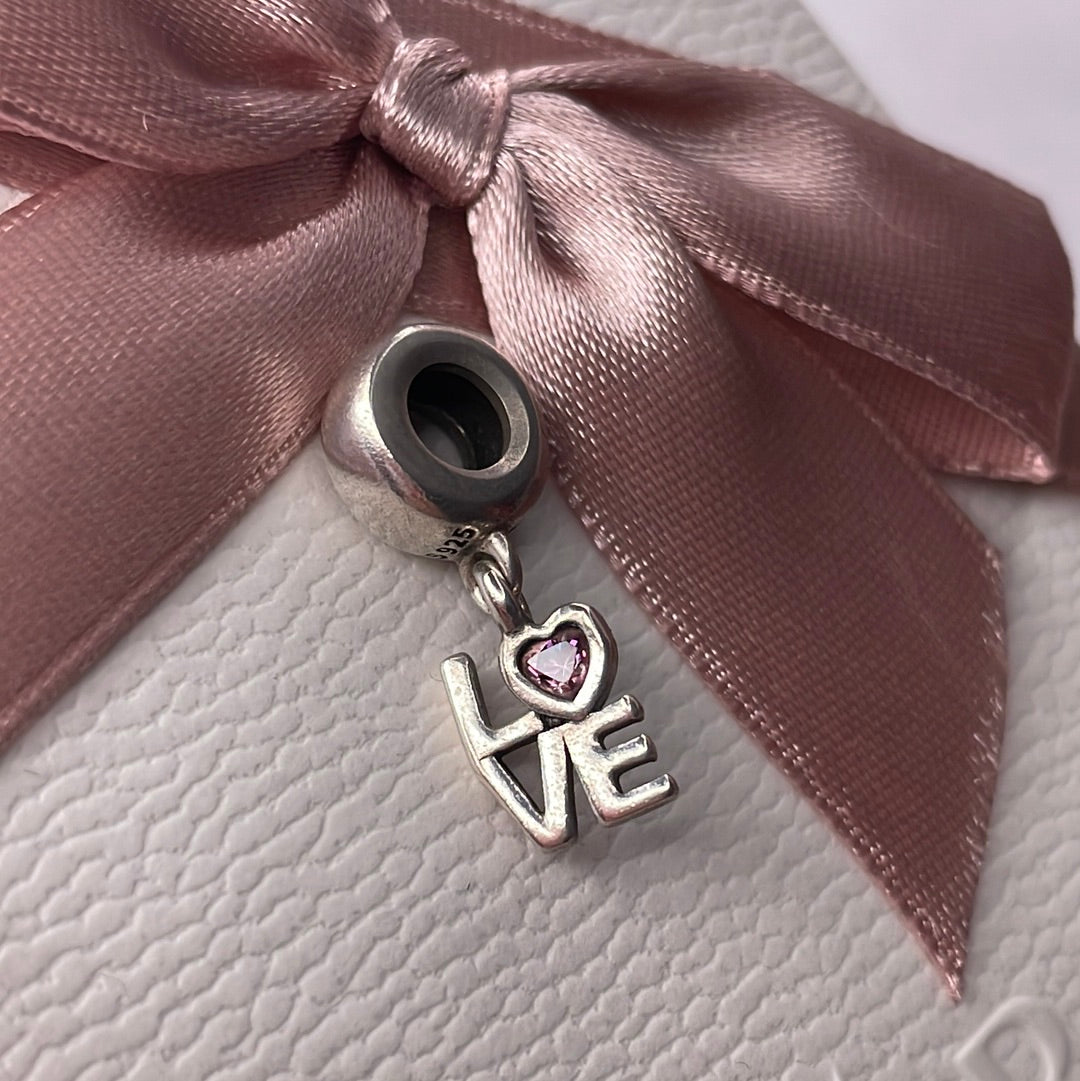 Genuine Pandora Love Word Dangle Pave Charm With Pink CZ