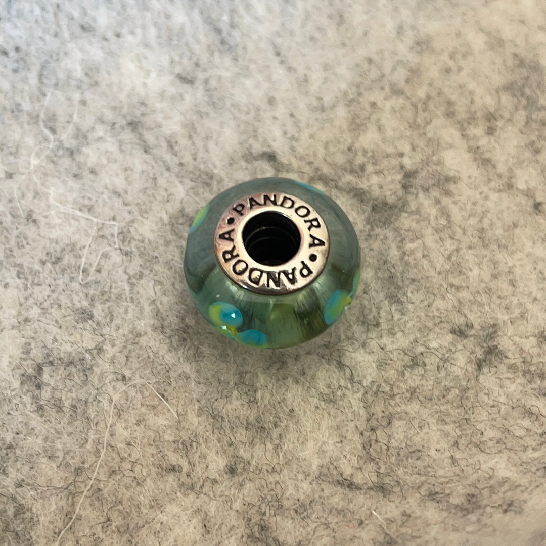 Genuine Pandora Green and Light Pale Green Flowers Murano Glass Charm