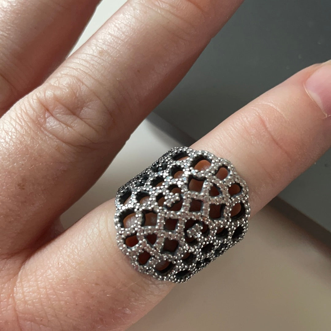 Genuine Pandora Sparkling Open Lace Ring Statement Piece Size 56