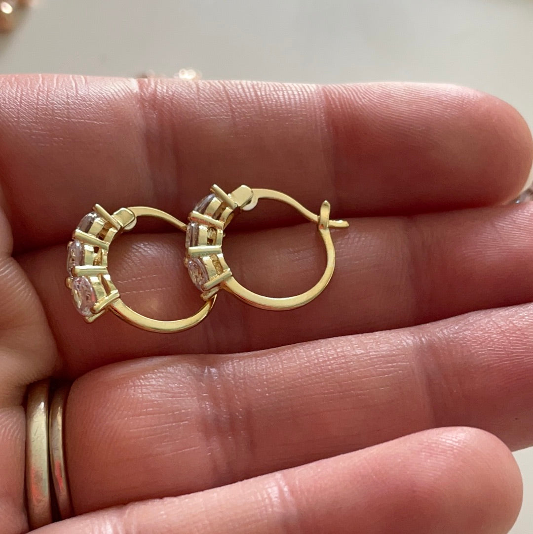 Brand New Gold Plated Sterling Silver Little Hoop/Sleeper Earrings WIth 3 Stone Detail