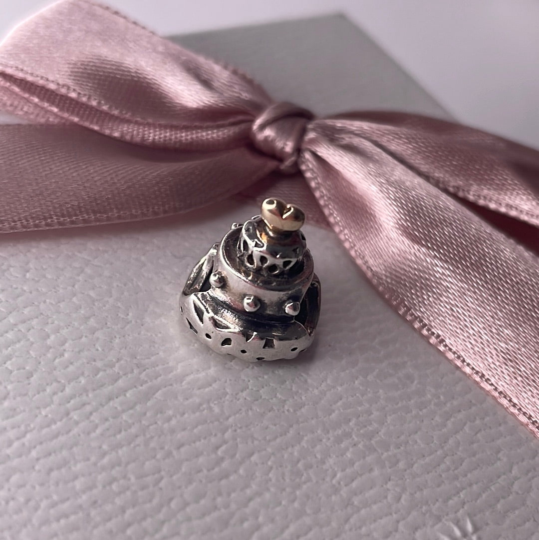 Genuine Pandora Two Tone Wedding Birthday Cake with Gold Heart Topper