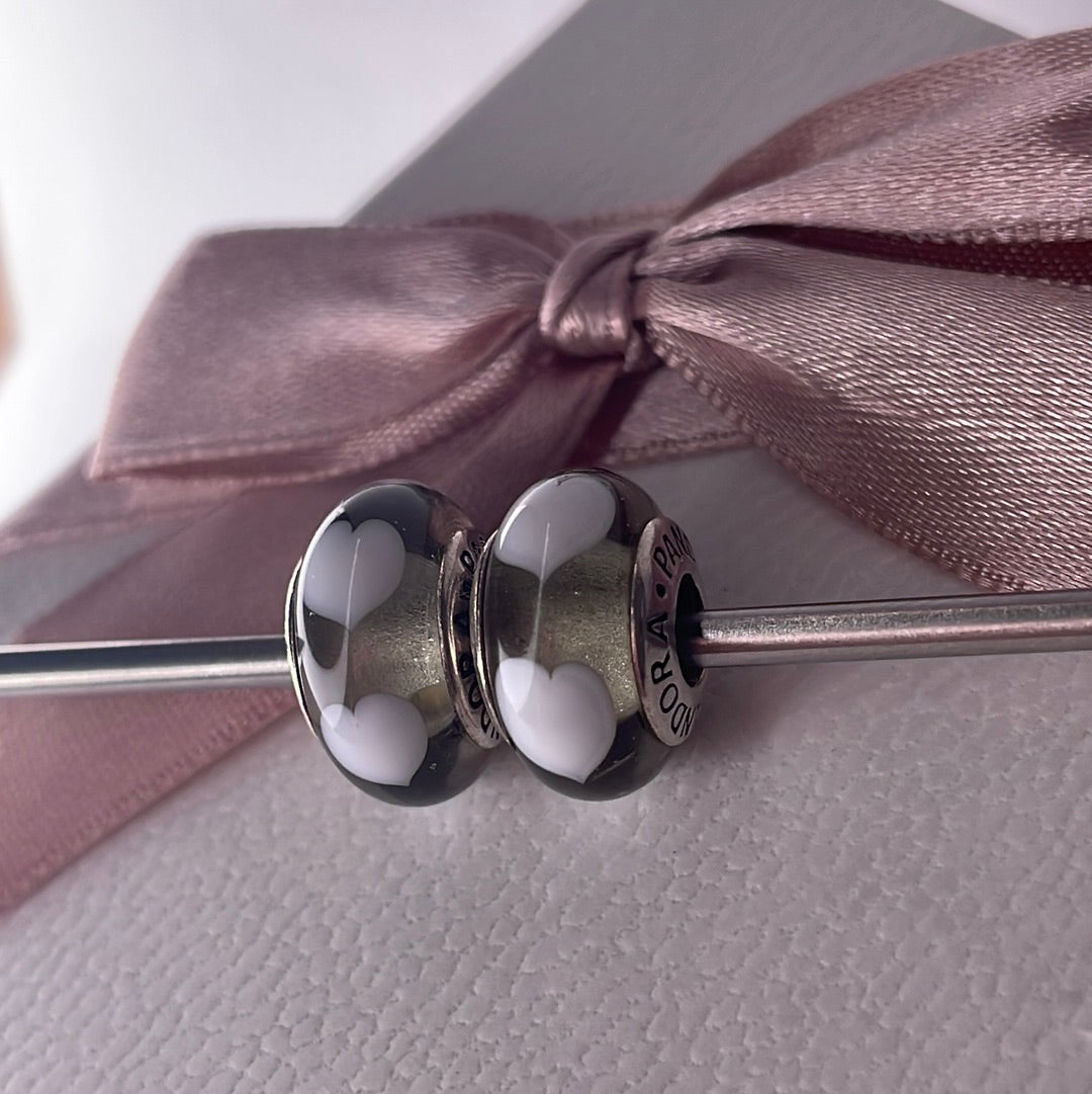 Genuine Pandora Grey Murano Glass Charm With White Hearts