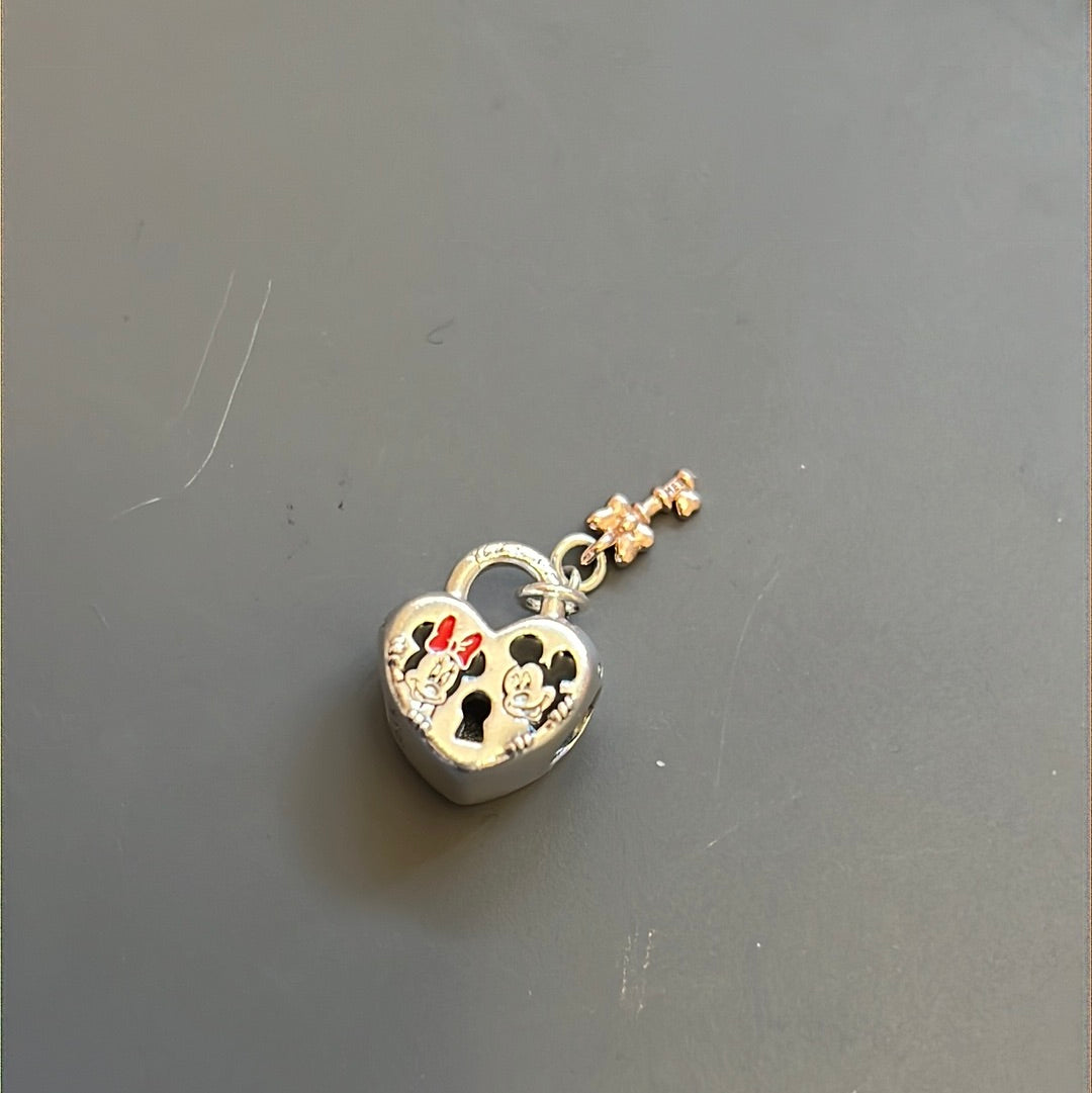Genuine Pandora Disney Mickey and Minnie Enamel Padlock With Rose Gold Key Charm