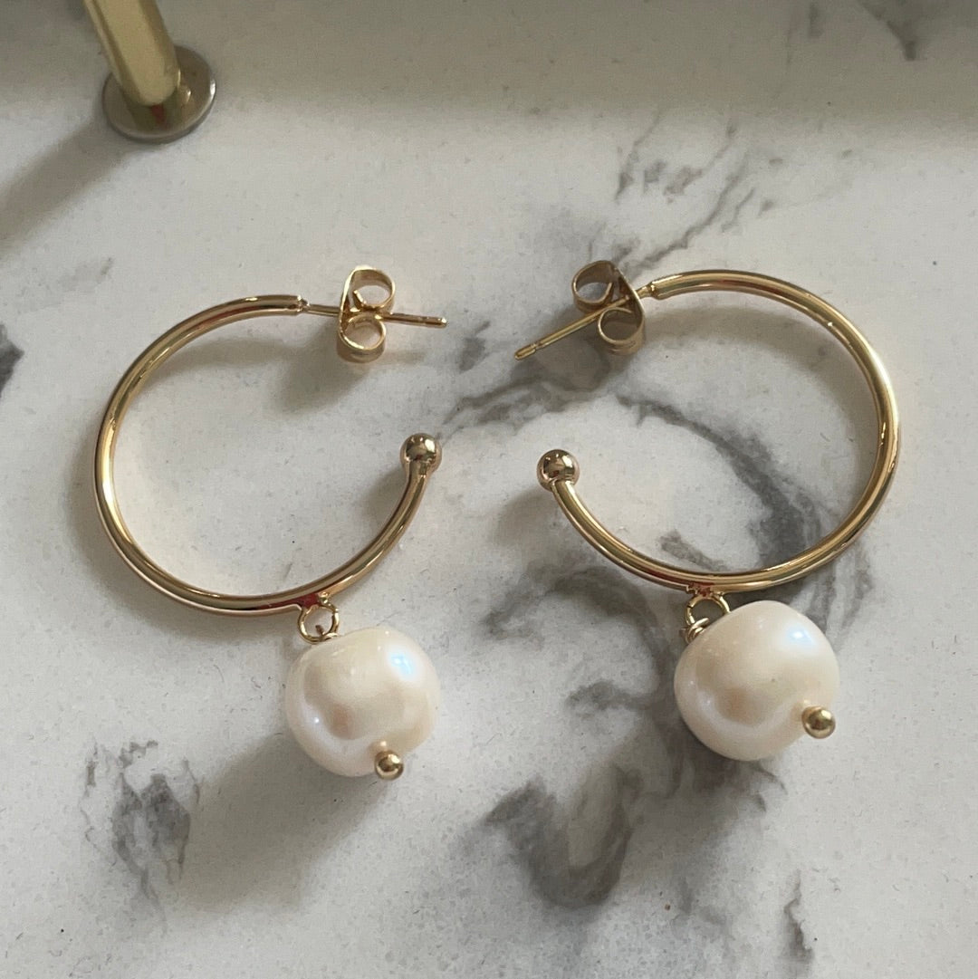 Brand New 14kt Gold Plated Brass Medium Sized Hoop Earrings with Freshwater Pearl Dangle