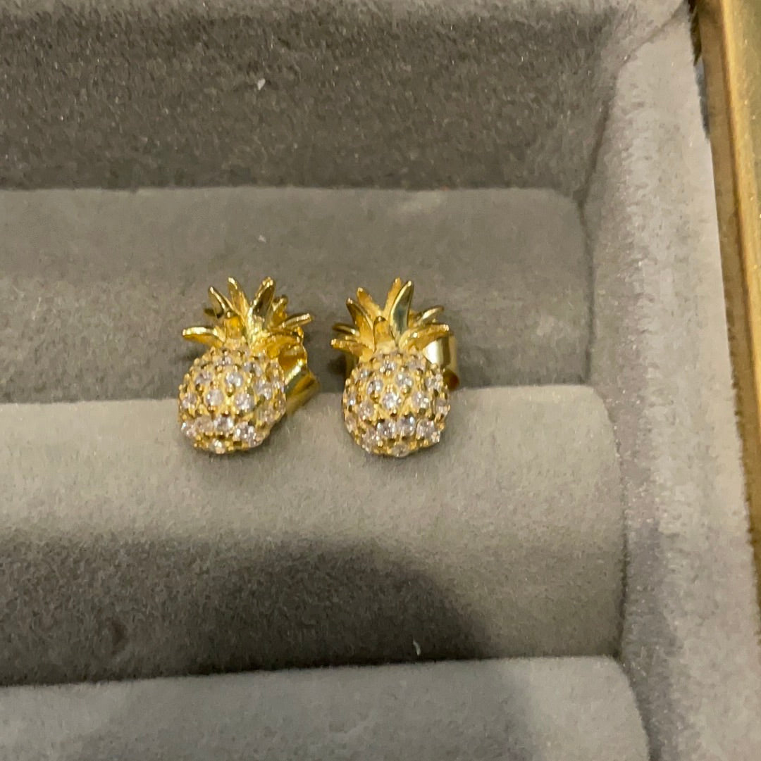 Brand New Sterling Silver Gold Plated Pave Pineapple Earrings Beautiful
