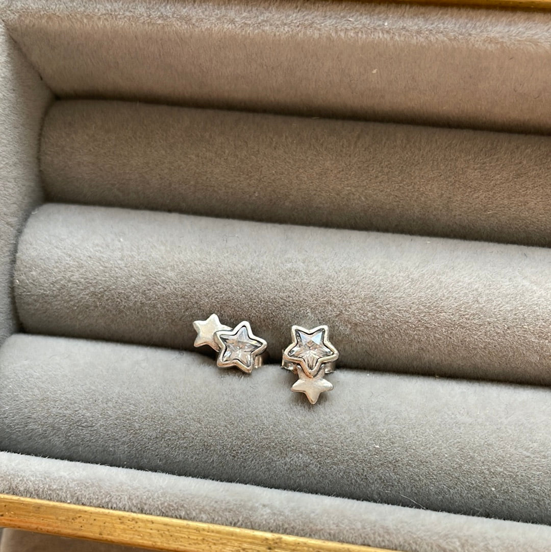 Unbranded Sterling Silver Double Star CZ Sparkle Stud Earrings
