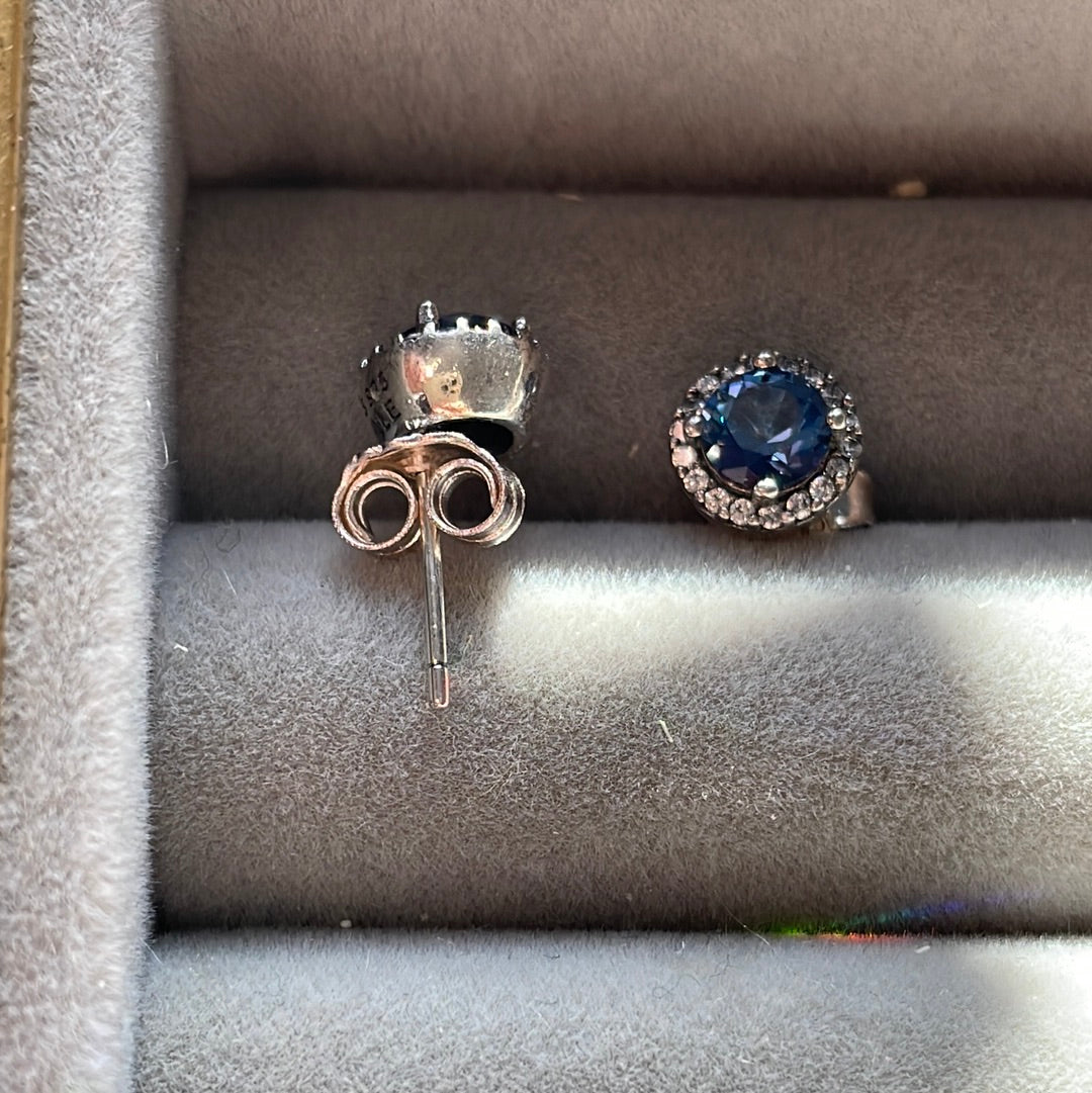 Genuine Pandora Blue Circle Pave CZ Stone Pave Stud Earrings